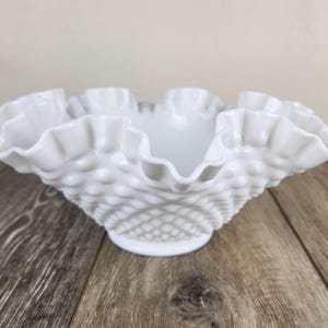 Fenton Hobnail Milk Glass Double Crimped Ruffled Edge Bowl 7.5&quot;