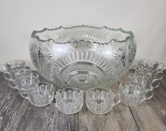 Vintage Anchor Hocking Grape Pattern 27pc Punch Bowl Set With Box
