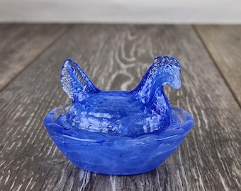 Cobalt Blue Slag Glass Mini Hen on Nest Covered Salt Cellar 2.5"