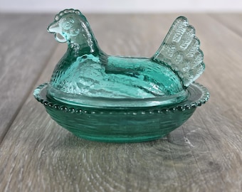 Mini Teal Glass Hen on Beaded Nest Salt Cellar  2.75" - Whimsical Home Decor