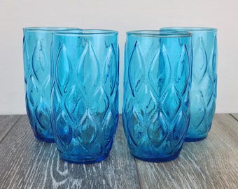 1960's Anchor Hocking Madrid Aqua Blue Quilted Diamond Drinking Glasses Set of 4