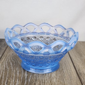 May include: A light blue glass bowl with a decorative openwork rim. The bowl has a pedestal base and a detailed pattern on the exterior. The glass has a slight opalescent quality, giving it a soft, ethereal appearance. The bowl is sitting on a wooden surface.
