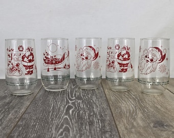 Juego de 5 vasos de cristal vintage con el tema "La noche antes de Navidad" – Vasos navideños de Papá Noel