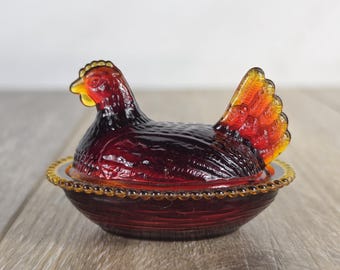 Mini Amberina UV Glass Hen on Beaded Nest Salt Cellar  2.75" -  GLOWS!
