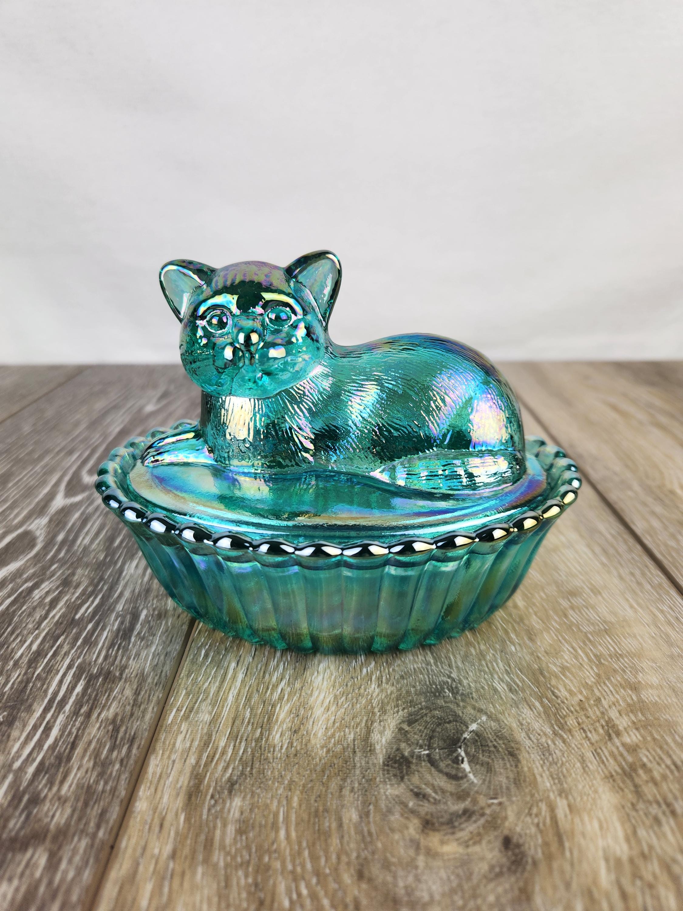 Teal Blue Carnival Glass Cat on Basket - Covered Candy Dish