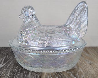 Crystal Carnival Glass Hen on Nest - Woven Covered Dish - 5.5"