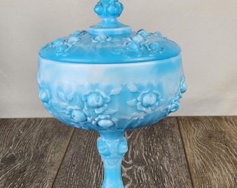 Bombonera con tapa de cristal escoria de mármol azul Fenton con diseño de rosa repollo - LEER