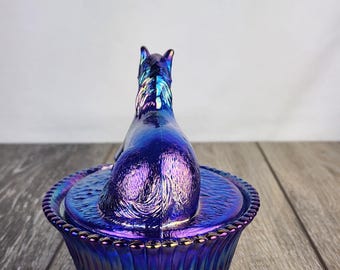 Cobalt Blue Carnival Glass Resting Pony Covered Trinket Candy Dish