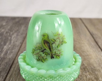 Jadeite Green Milk Glass Birds & Blossoms Fairy Lamp - 4" -Retro Home Decor READ