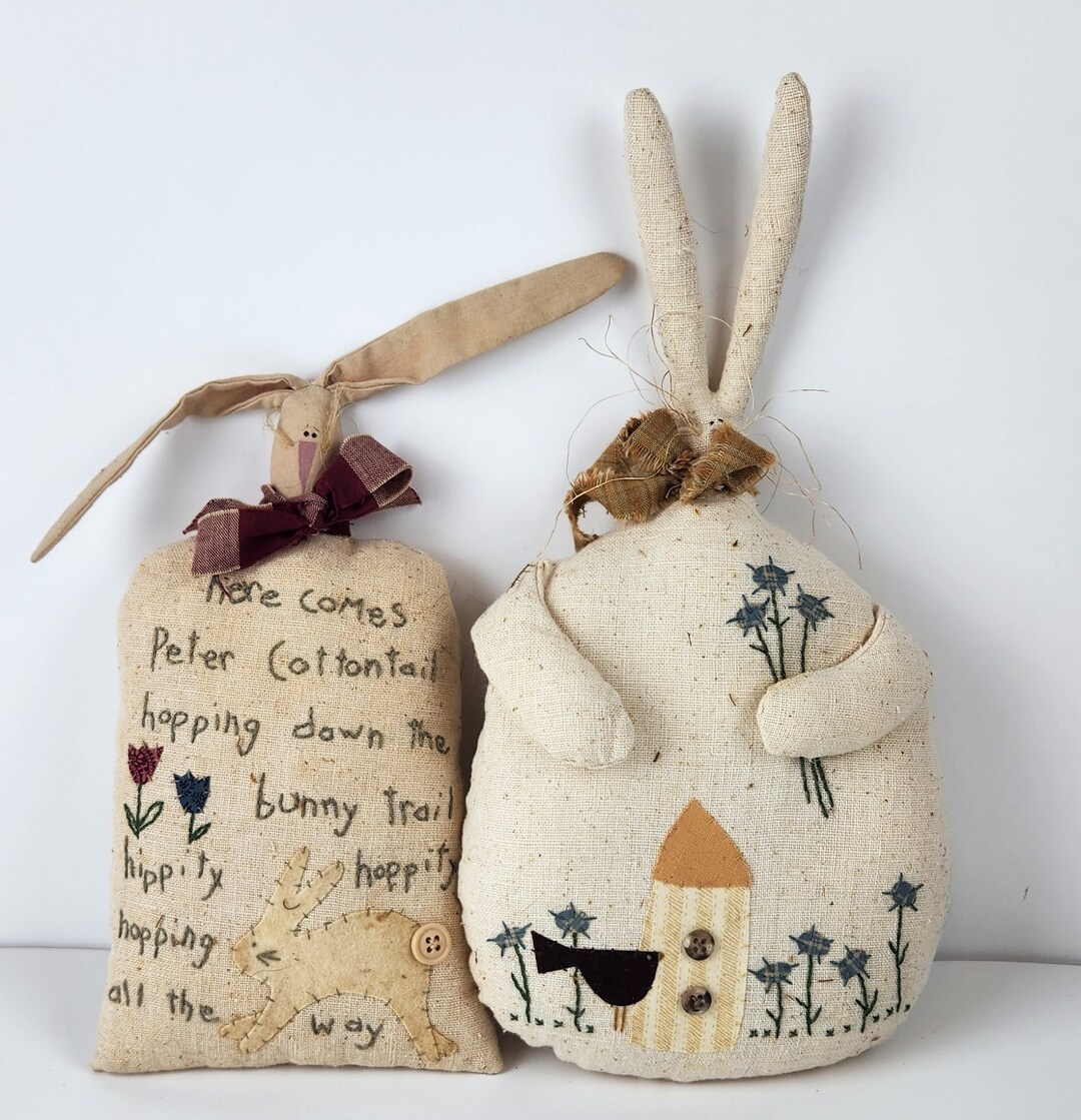 Rustic Plush Vintage Rustic Folk Art Stuffed Bunny Rabbits Peter Cottontail 2pc - Etsy