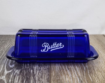 Cobalt Blue Ribbed Glass Butter Dish – Retro Farmhouse Kitchenware