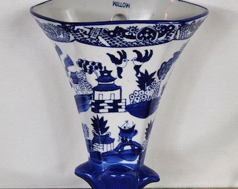 Antique Blue Willow Hanging Porcelain Wall Pocket Vase - Chinoiserie Decor