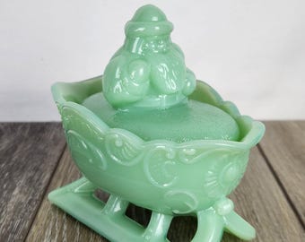 Jadeite Green Milk Glass Santa in Sleigh Christmas Centerpiece Candy Dish