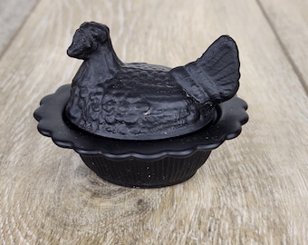 Black Obsidian Satin Glass Hen on Nest Salt Cellar – Ruffled Edge Mini Dish 3" READ