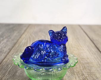 Mini Mix Matched Glass Cat on Basket - Kitty Salt Cellar / Trinket Dish