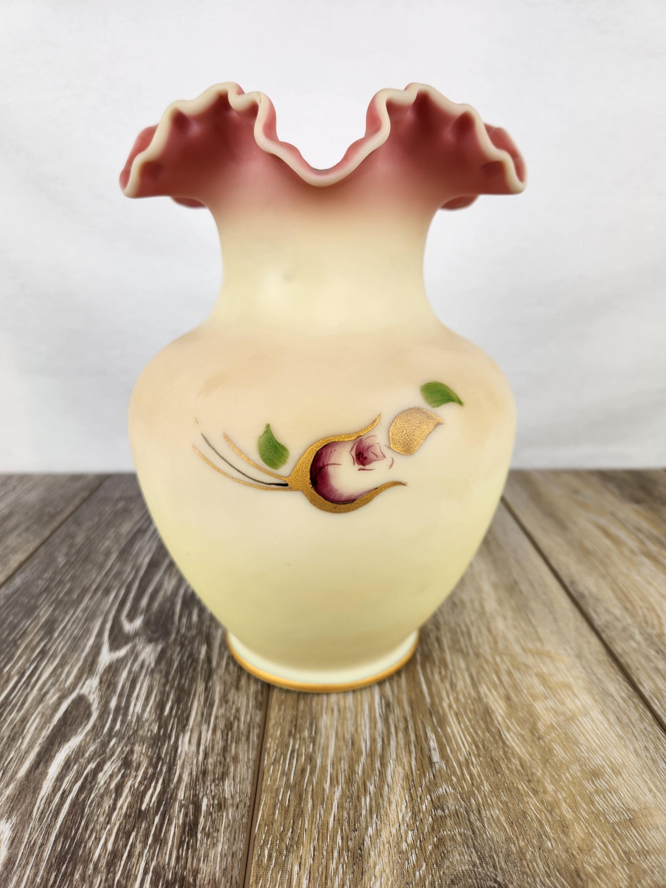Fenton Custard Uranium Glass Burmese Satin Vase – Hand-painted by