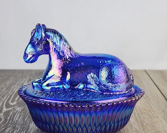 Cobalt Blue Carnival Glass Resting Pony Covered Trinket Candy Dish