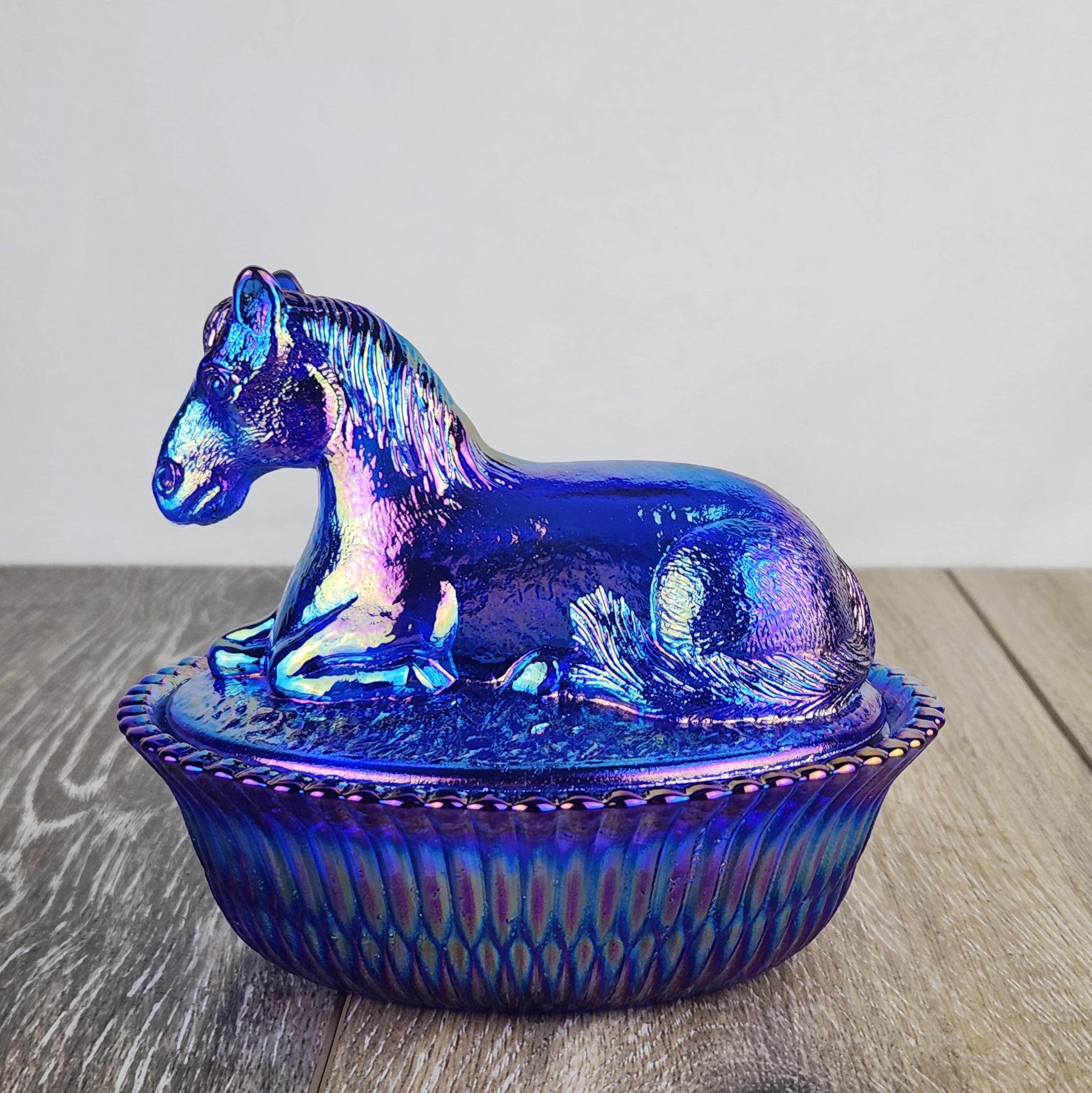Cobalt Blue Carnival Glass Resting Pony Covered Trinket Candy Dish