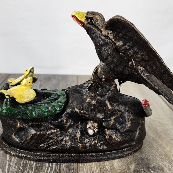 1883 Eagle and Eaglets Cast Iron Mechanical Bank circa 1950's Book of Knowledge Repro