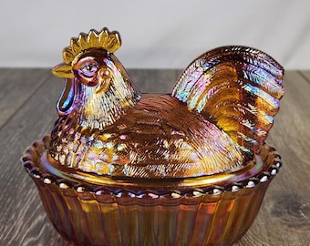 Amber Carnival Glass Rooster on Nest - Covered Dish - 5.5"