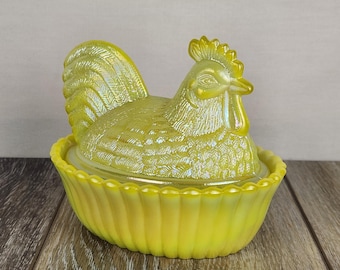 Dandelion Yellow Carnival Glass Rooster on Nest Candy Dish 5.5