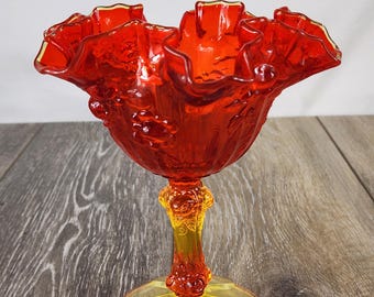 Fenton Amberina Cabbage Rose Ruffle Edge Compote Dish - GLOWS!