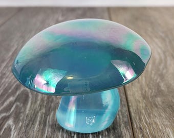Medium Viking Blue Opalescent Glass Mushroom - Retro Garden Decor