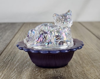 Mini Mix Matched Glass Cat on Basket - Kitty Salt Cellar / Trinket Dish