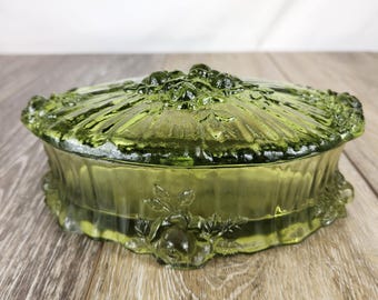 Fenton Colonial Green Cabbage Rose Glass Vanity Trinket Dish - READ