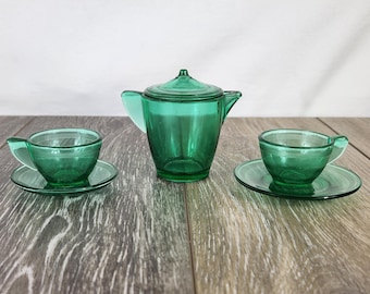 Vintage Child's Akro Agate Green Uranium Glass Mini Tea Set -  GLOWS! READ