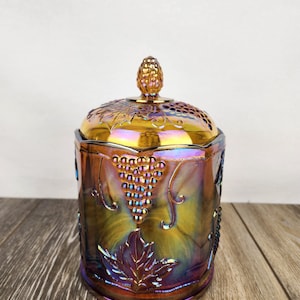 Indiana Marigold Carnival Glass Grape Harvest Lidded Canister 8&quot; Iridescent Storage Jar