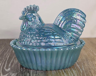 Georgia Blue Carnival Glass Rooster on Nest - Covered Dish - 5.5"