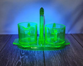 Juego nuevo de jarrita para crema y azucarero de vidrio verde uranio Martinsville - LEER