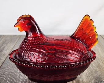Large Indiana Style Glass Ruby Amberina UV Hen on Beaded Nest - 7" GLOWS!