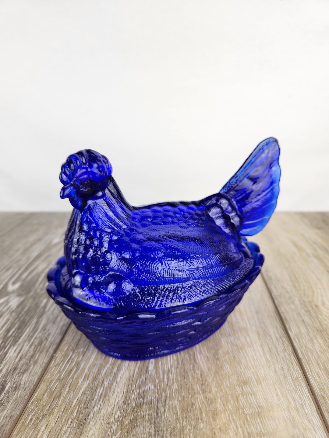 Cobalt Blue Glass Hen on Woven Nest - Chicken Candy Dish or Trinket ...