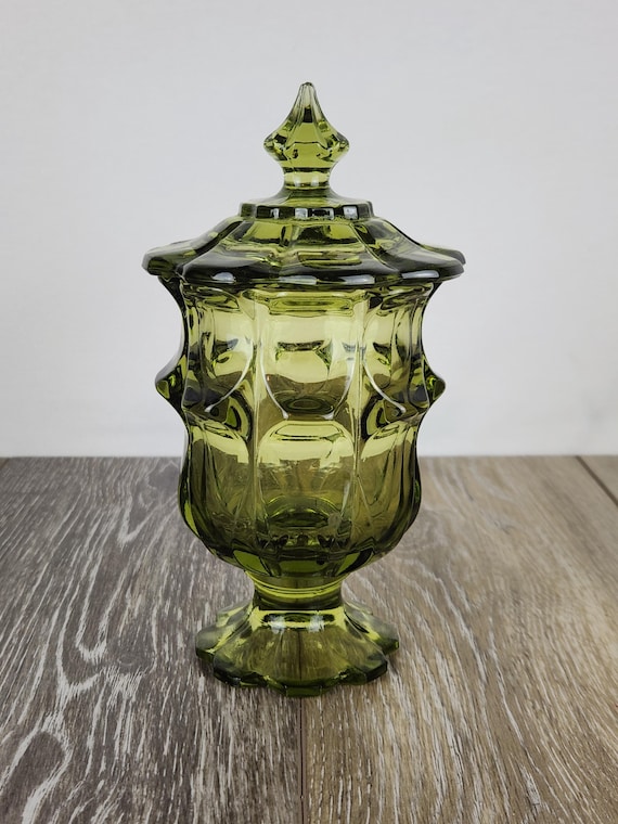 Colonial Green Fenton Valenica Glass Lidded Candy Dish -Retro Home Accents