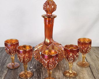 RARE Imperial Marigold Carnival Glass Octagon Decanter & Goblet Set - READ