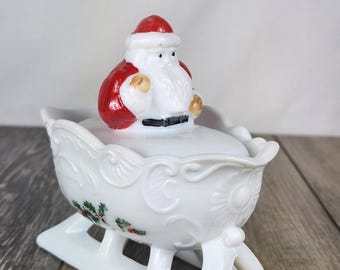Milk Glass Hand Painted Santa in Sleigh Christmas Centerpiece Candy Dish READ