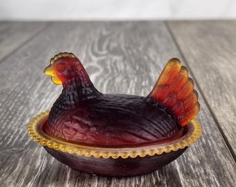 Mini Amberina Satin UV Glass Hen on Beaded Nest Salt Cellar  2.75" -  GLOWS!READ