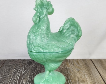 Jadeite Glass Standing Rooster Covered Candy or Trinket Dish - 9"