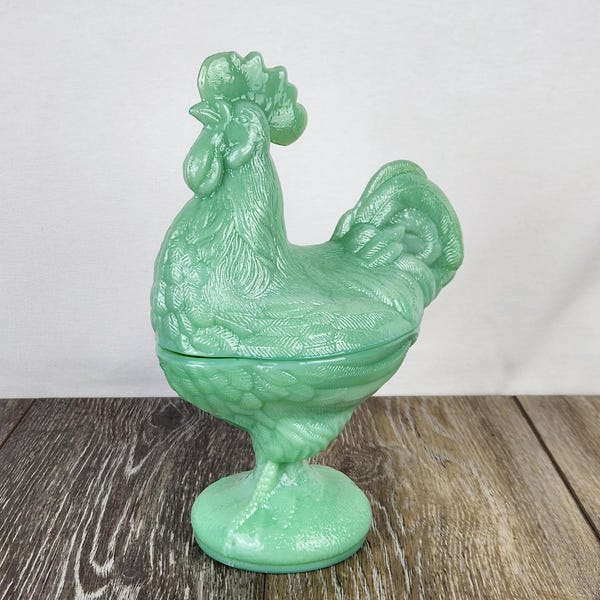 Jadeite Glass Standing Rooster Covered Candy or Trinket Dish - 9"