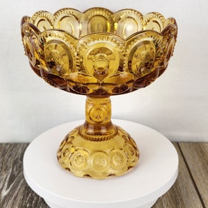 L.E. Smith Amber Glass Moon and Star Pedestal Compote - Vintage Candy Bowl Trinket Dish
