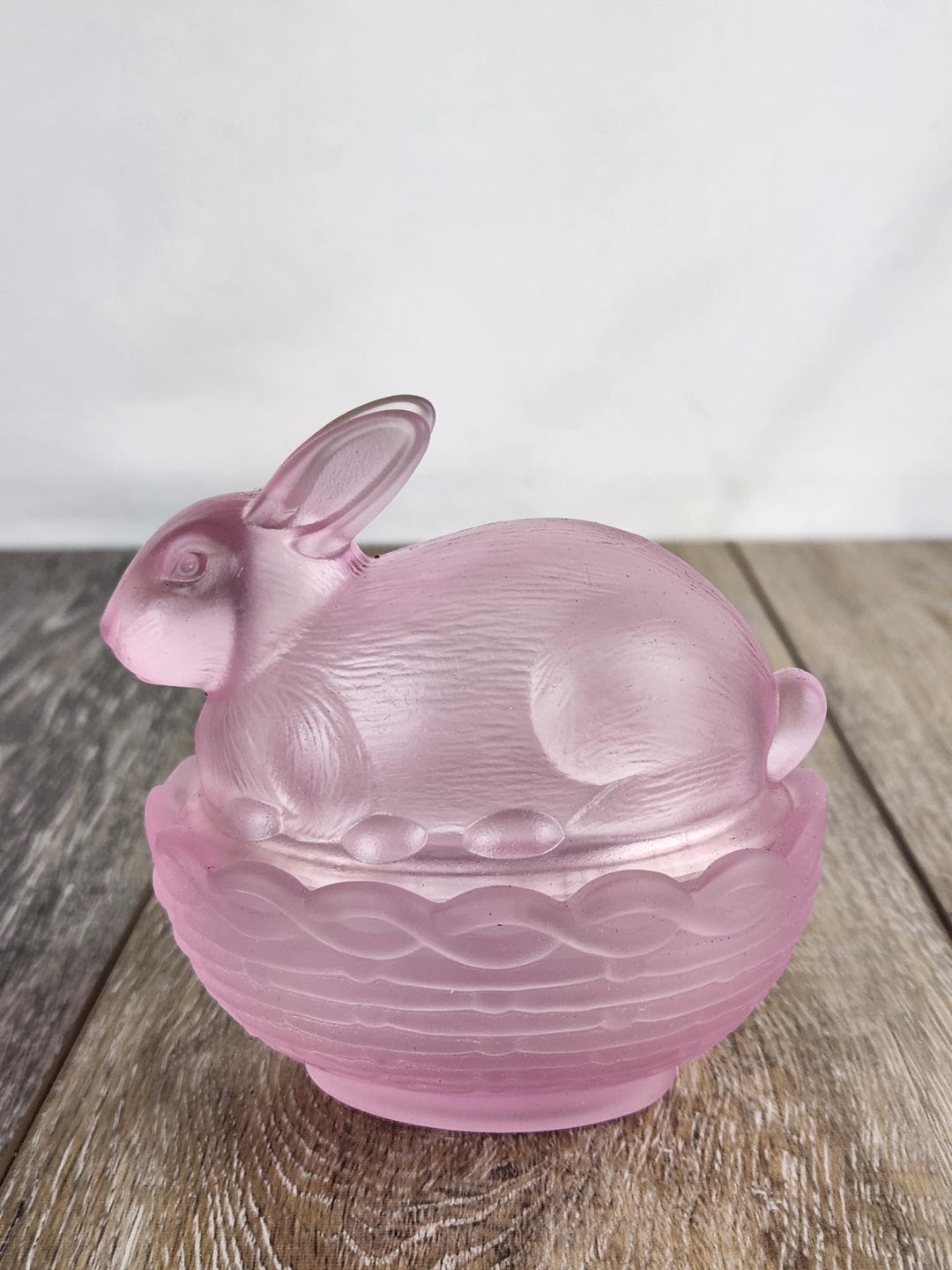 Rose Pink Satin Glass Bunny Rabbit on Nest Candy Trinket Dish With Lid ...