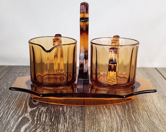 Juego de jarro para crema y azucarero de vidrio ámbar estilo Depression Glass - Decoración vintage para barra de café