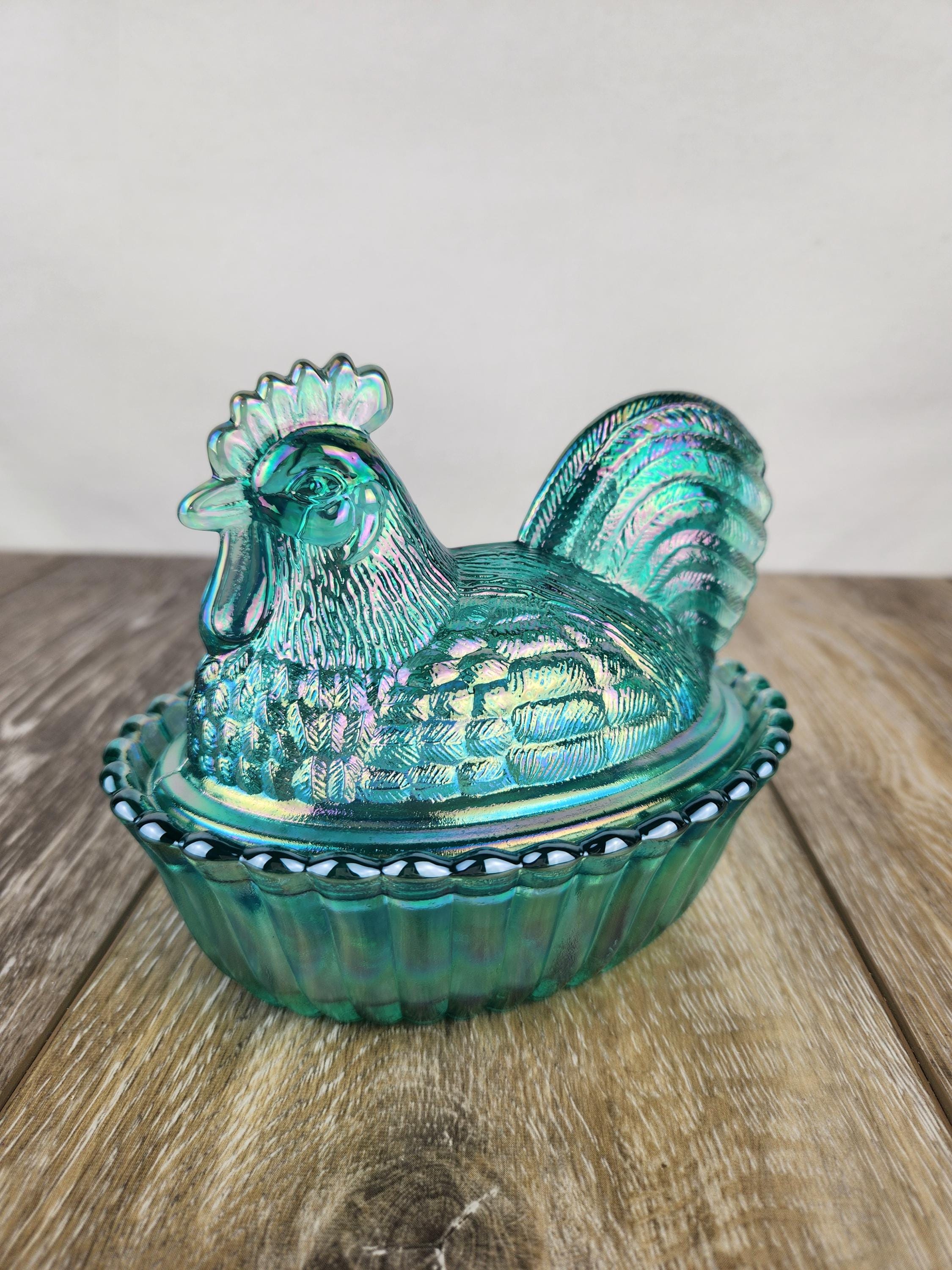 Teal Carnival Glass Rooster on Nest/basket - Lidded Candy Dish - Etsy