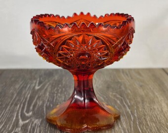 Retro Amberina Glass Starburst Sawtooth Red Candy/Compote Dish - GLOWS!