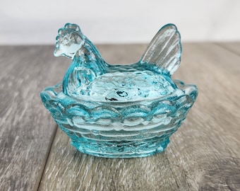Teal Glass Mini UV Reactive Hen on Nest Salt Cellar - 2.5" - Glows!