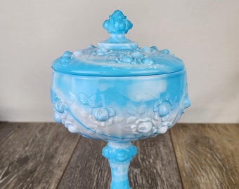 Dulcera con tapa de cristal escorio de mármol azul Fenton con diseño de rosa repollo