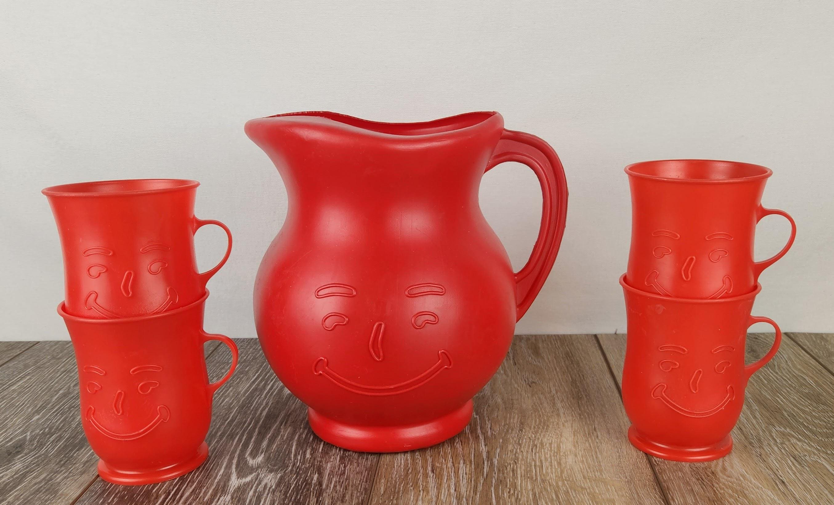 Vintage Kool-aid Man 2-quart Red Plastic Pitcher With 4 Matching