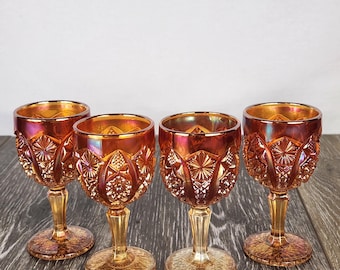RARE Vintage Mini Octagon Goblets Imperial Marigold Carnival Glass - Set of 4